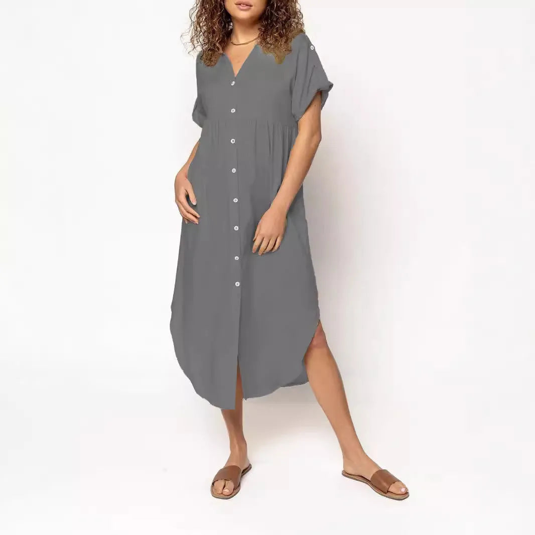 Mid-length casual dress with button front in solid colour, showing loose Japanese Korean fit