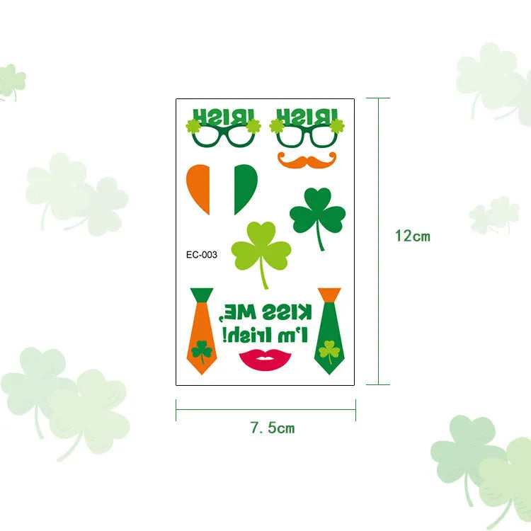 Irish festival temporary tattoo sticker with St. Patrick's Day shamrock design measuring 120×75mm