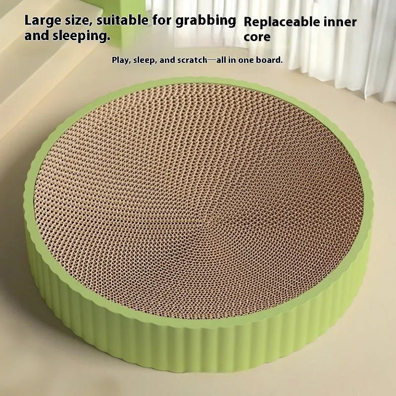 Round green cat scratching board and nest combination with replaceable corrugated cardboard insert