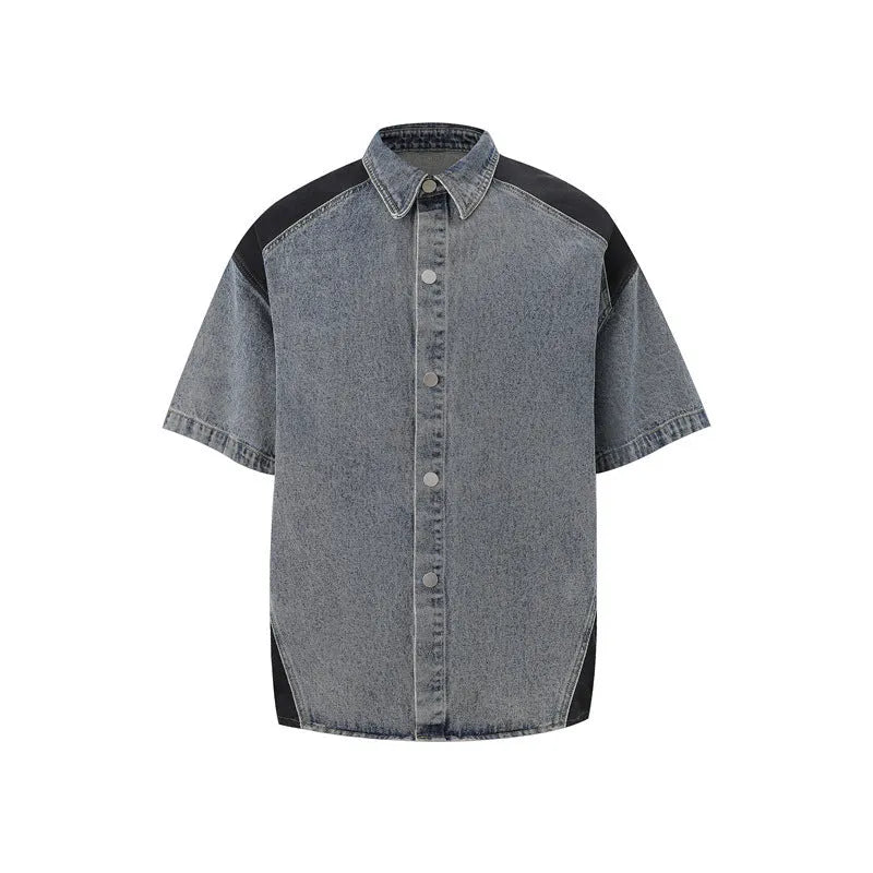 Retro washed denim suit set with short-sleeved jacket and trousers in street style