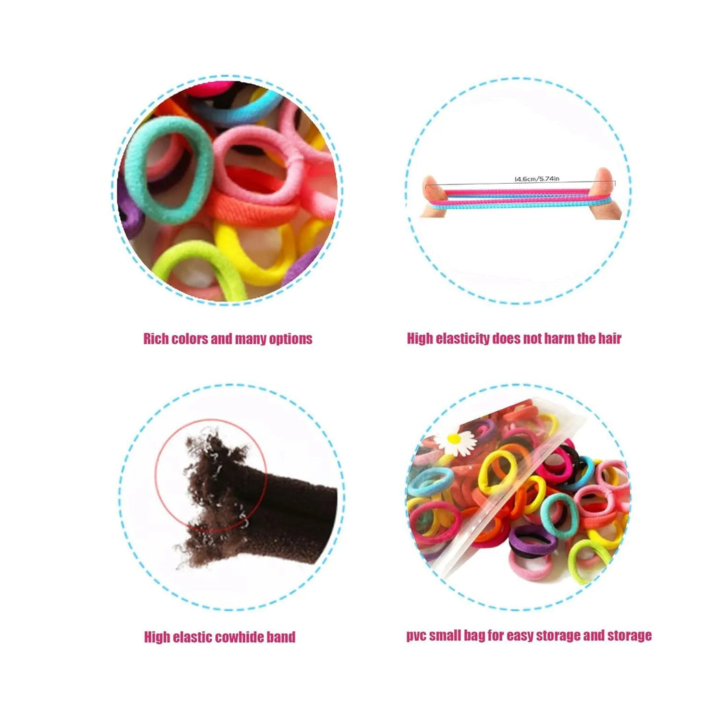 Multicoloured assortment of 100 soft cotton baby hair ties in a small jar, showing seamless design.