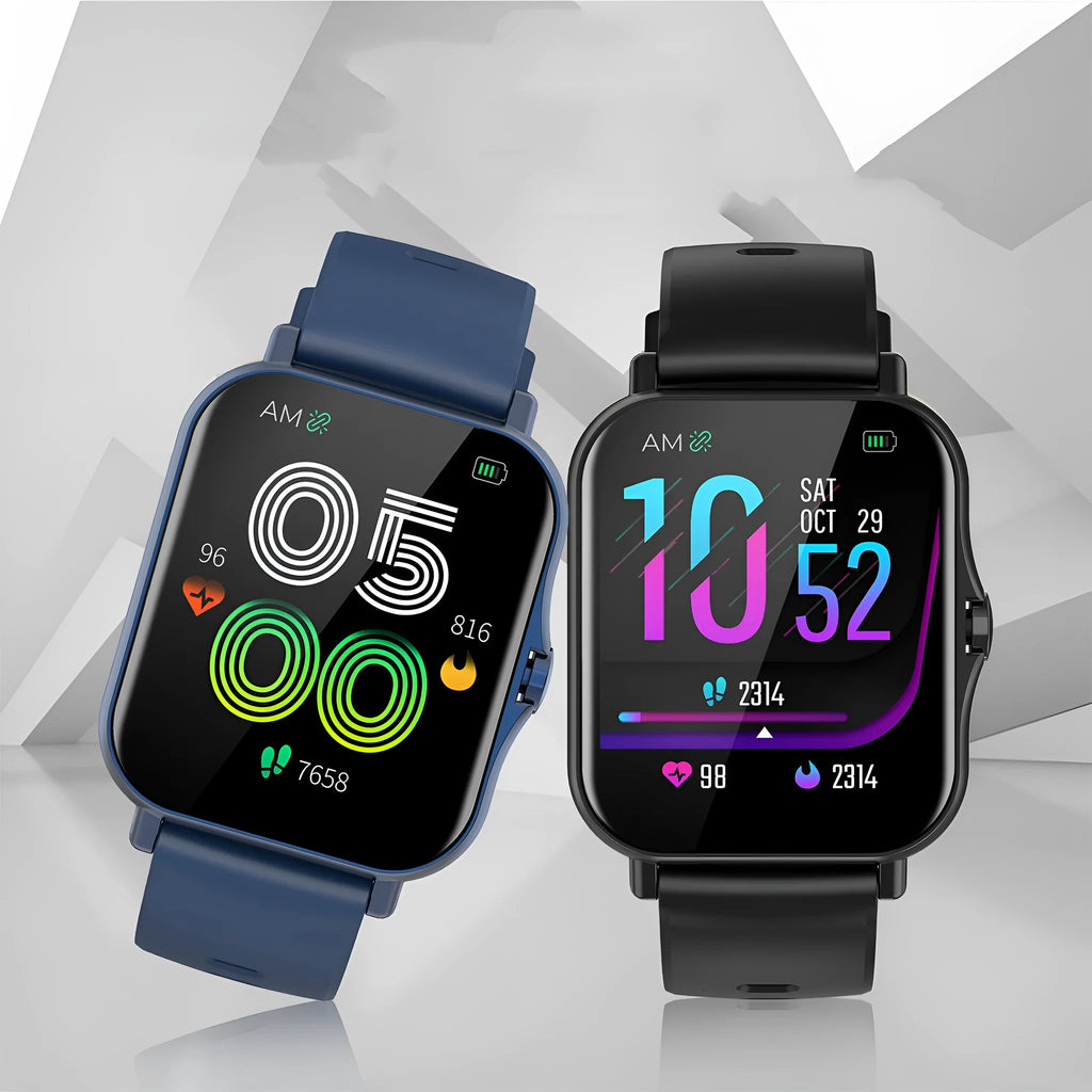 W10 smart watch showing heart rate on its curved touch screen, with black wristband.