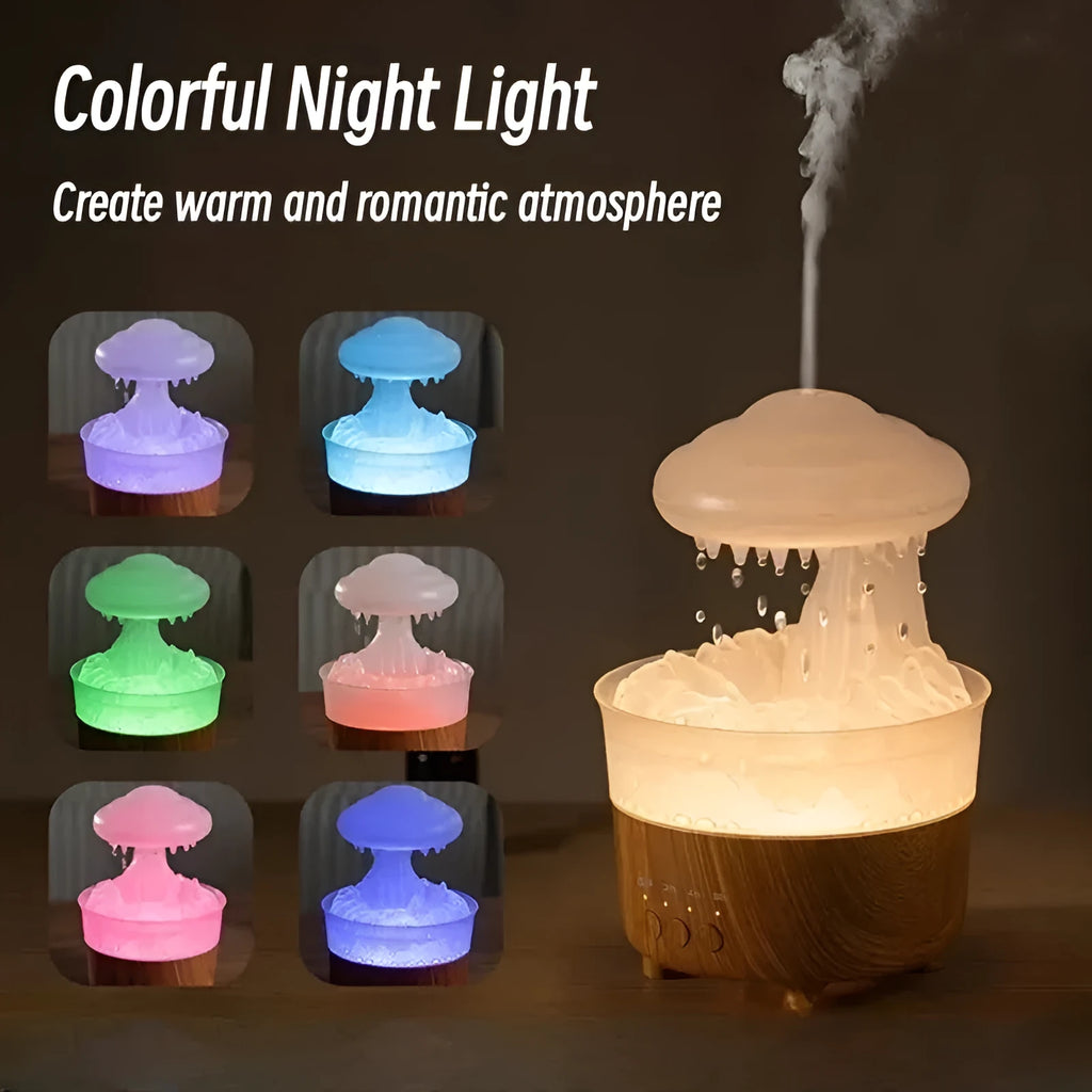 Wood grain white cloud-shaped humidifier with coloured LED lights and gentle mist emission