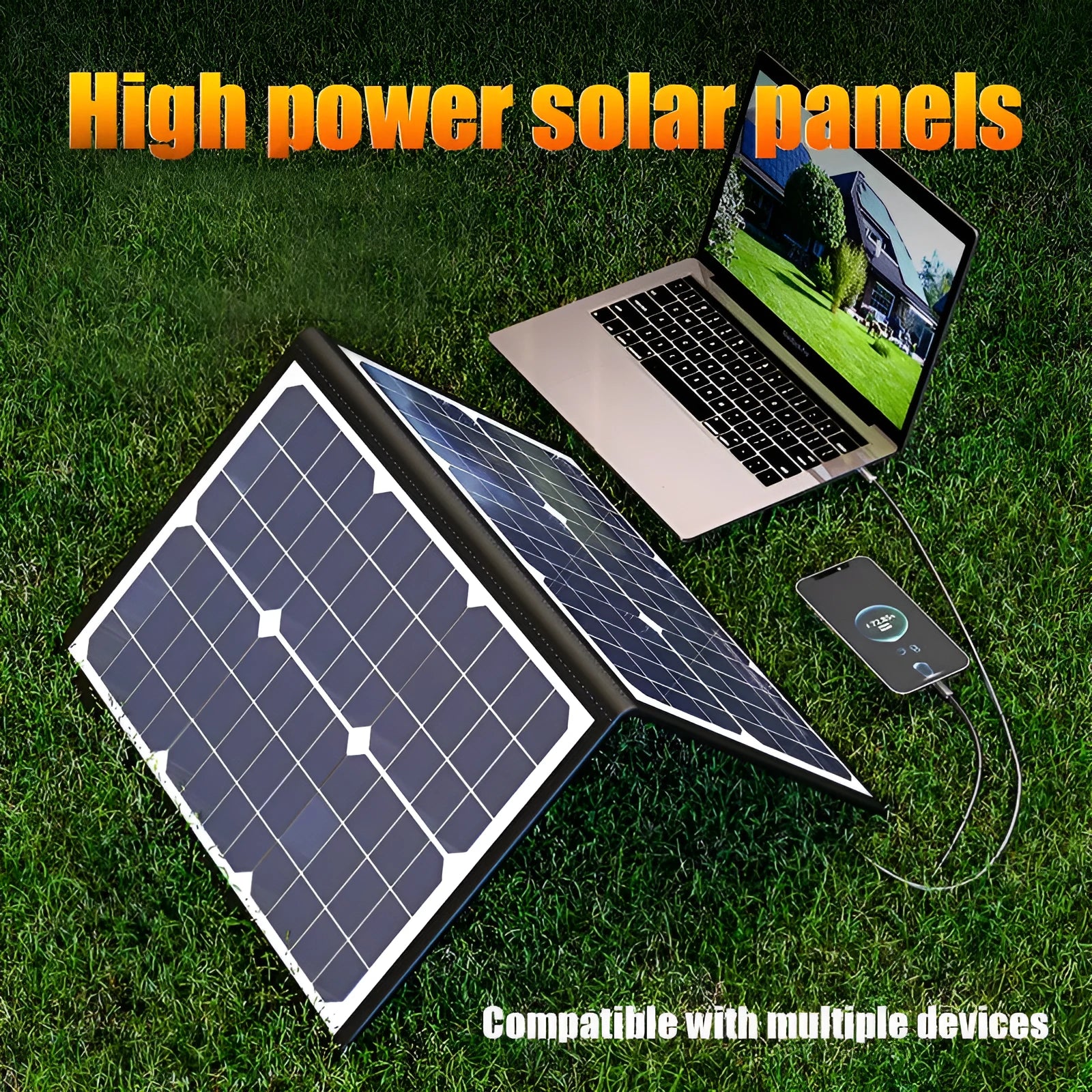 Black folding bag solar panel with 40 watt output and compact 425mm dimensions