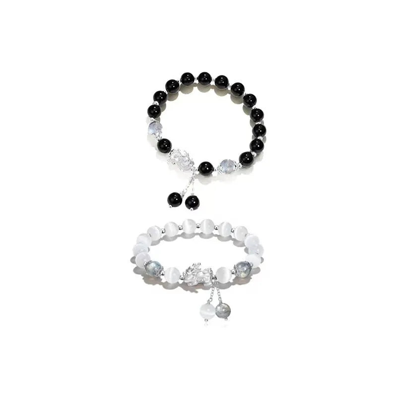 Natural black agate and grey opal couple bracelets with 10mm wave-shaped beads