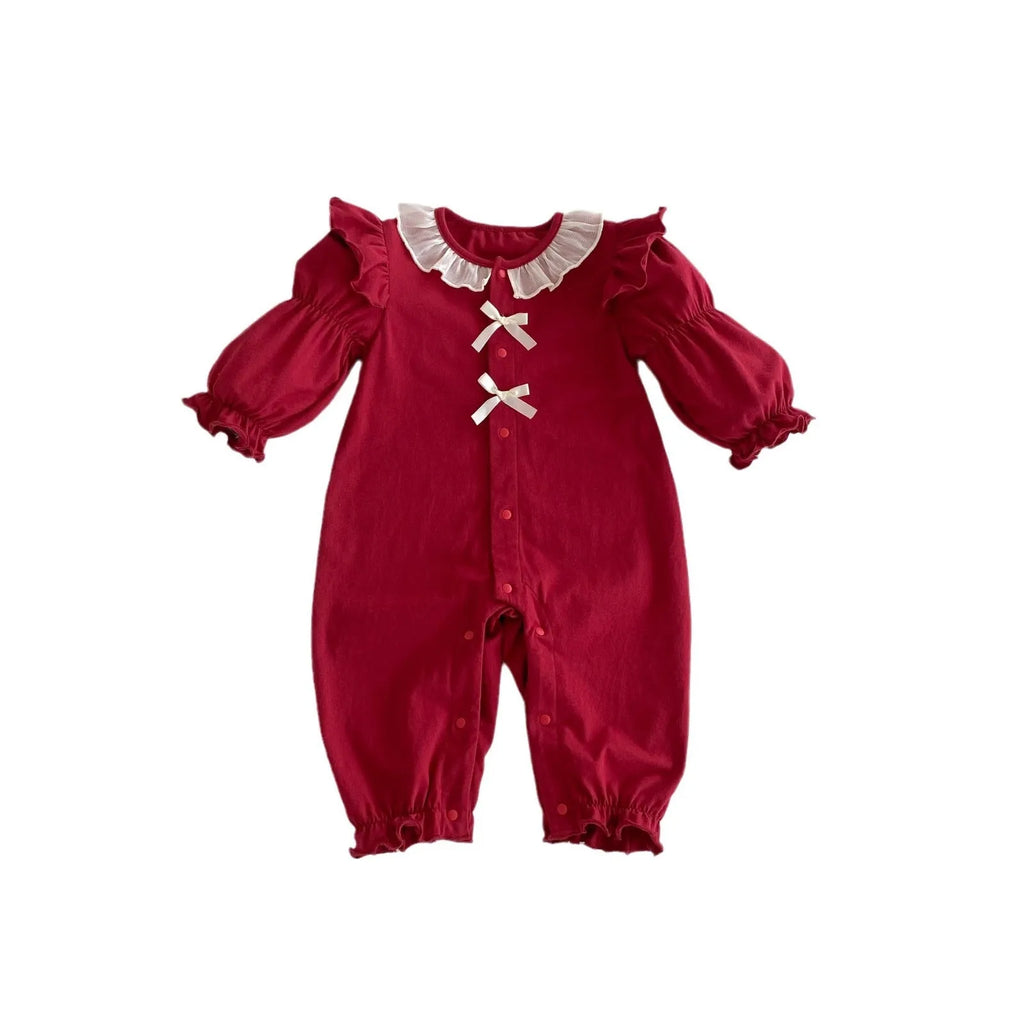 Red cotton baby jumpsuit with long sleeves and double-breasted front, suitable for girls aged 66cm to 90cm