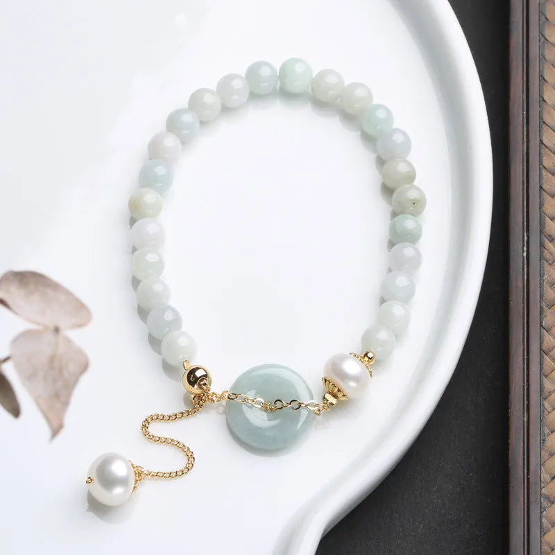 Natural emerald green jade peace buckle pearl bracelet for women with geometric design