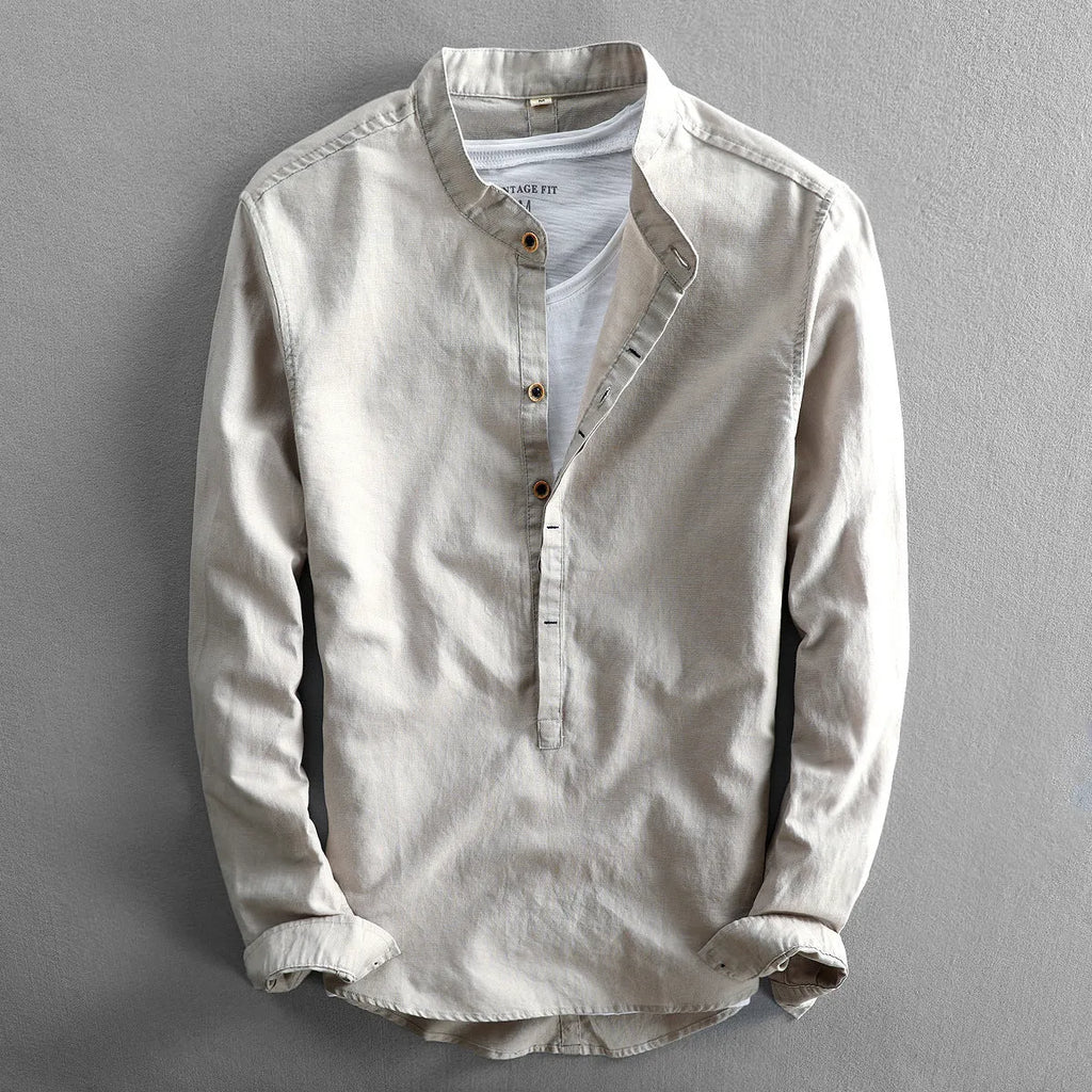 Men's casual loose long sleeves linen shirt solid colour light gray front view