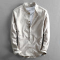 Men's casual loose long sleeves linen shirt solid colour light gray front view