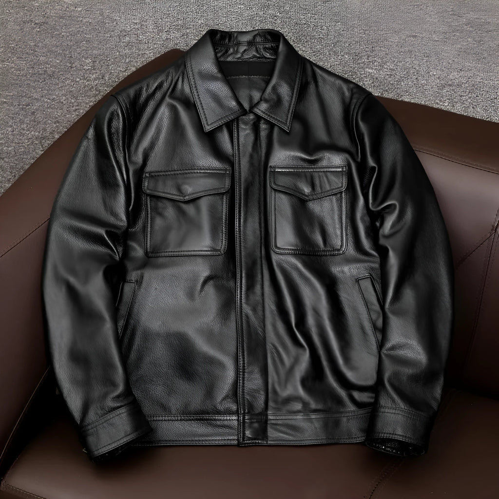 Men's loose fit lapel short leather jacket in retro Kaji style, side seam pockets