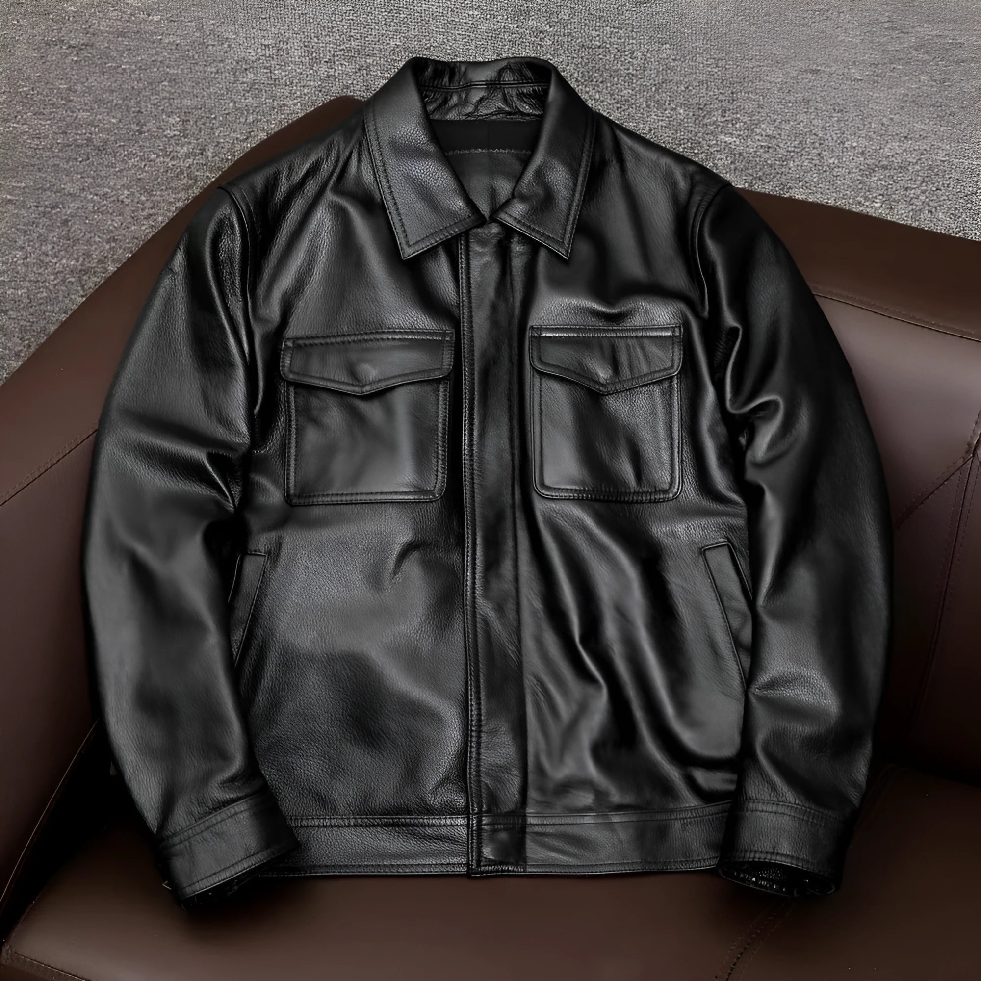 Men's loose fit lapel short leather jacket in retro Kaji style, side seam pockets