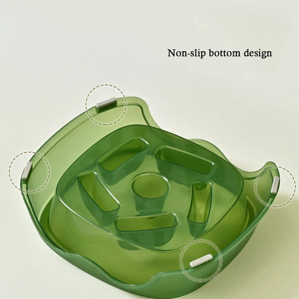 Plastic dog slow feeding bowl with anti-choking design in blue, grey, green, and orange colour options