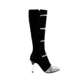 Women's black knee-high boots with thin 9cm heels and 33cm shaft height