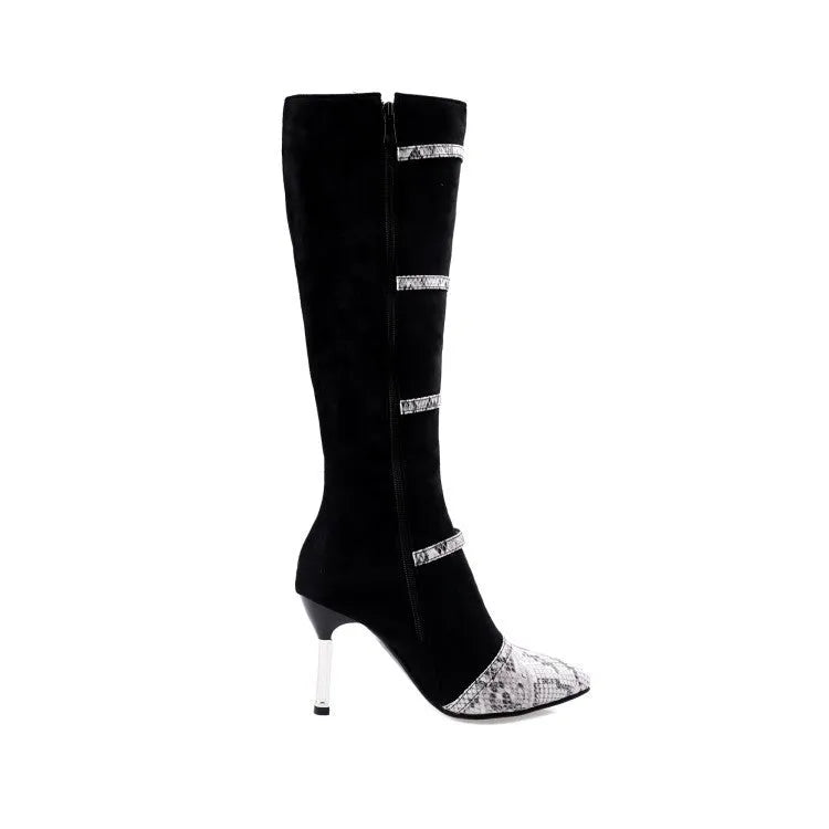 Women's black knee-high boots with thin 9cm heels and 33cm shaft height