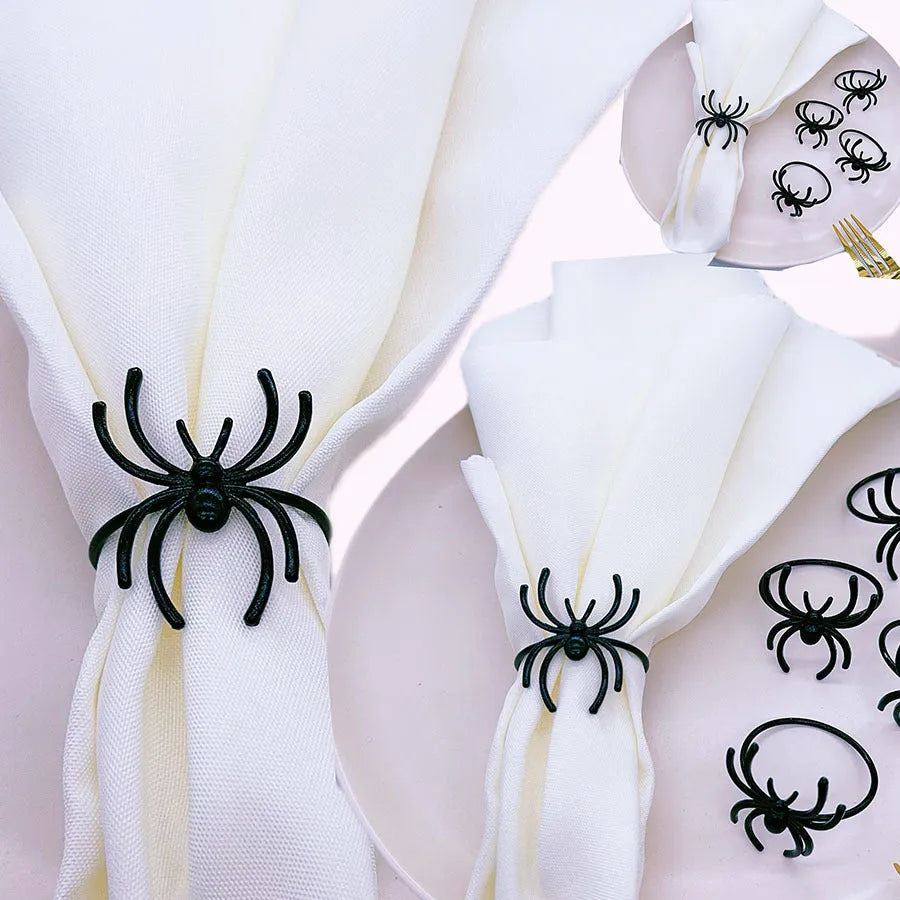 Set of six black alloy spider napkin rings with electrophoresis finish for Halloween table decoration
