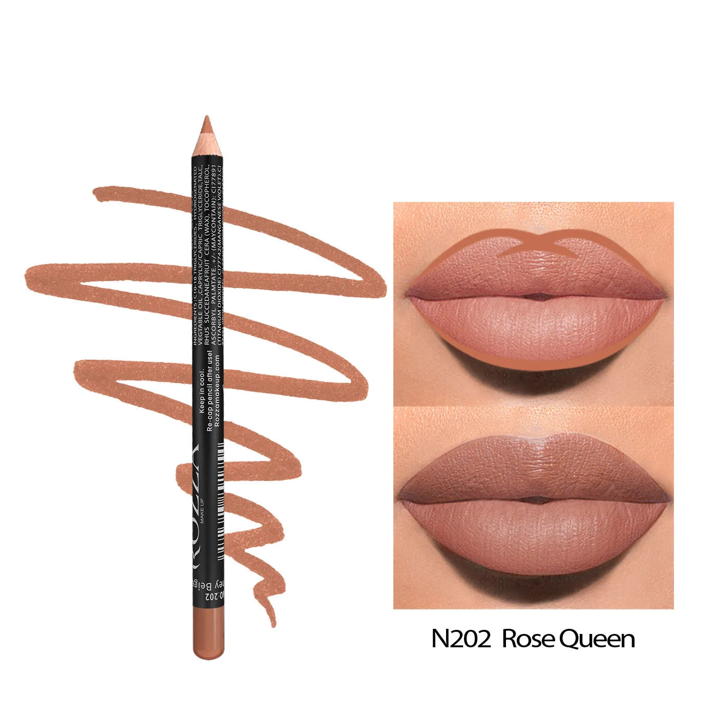 A lip liner pencil in a wooden barrel, shown with a sharp point, alongside swatches of its 14 available colour shades.