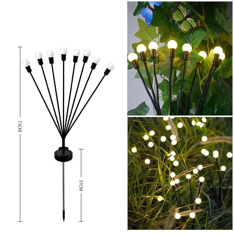 Solar-powered LED firefly ground lamp with multiple heads and ground spike for garden installation