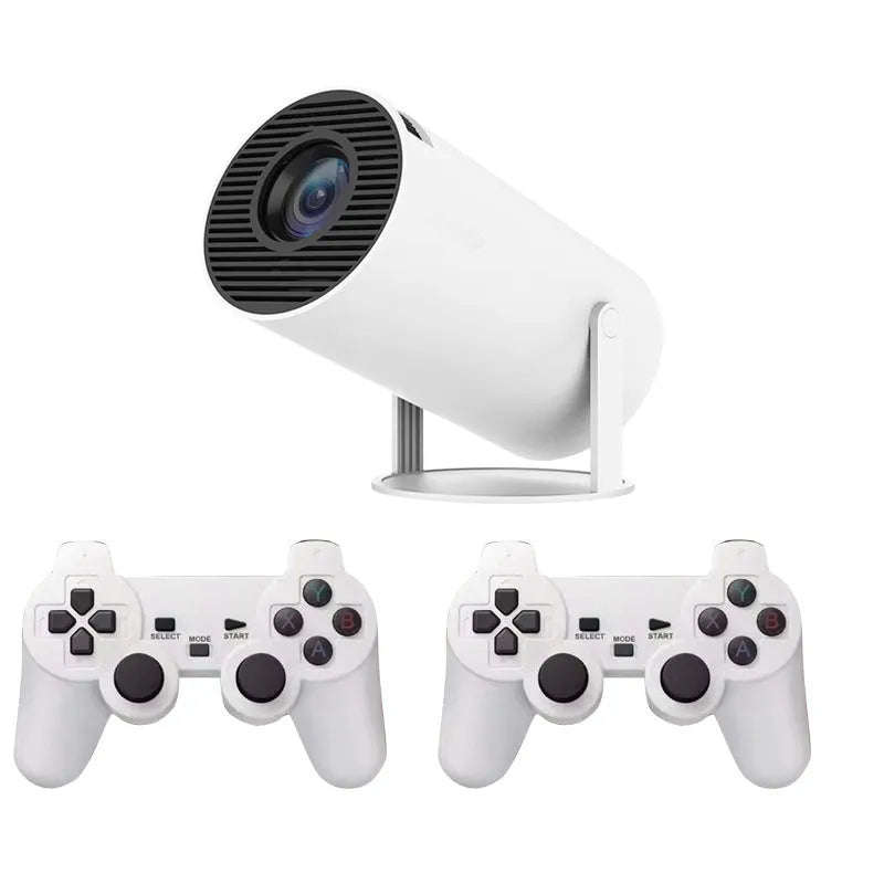 White X10 PLUS portable home smart projector with gamepad and remote control on a table.