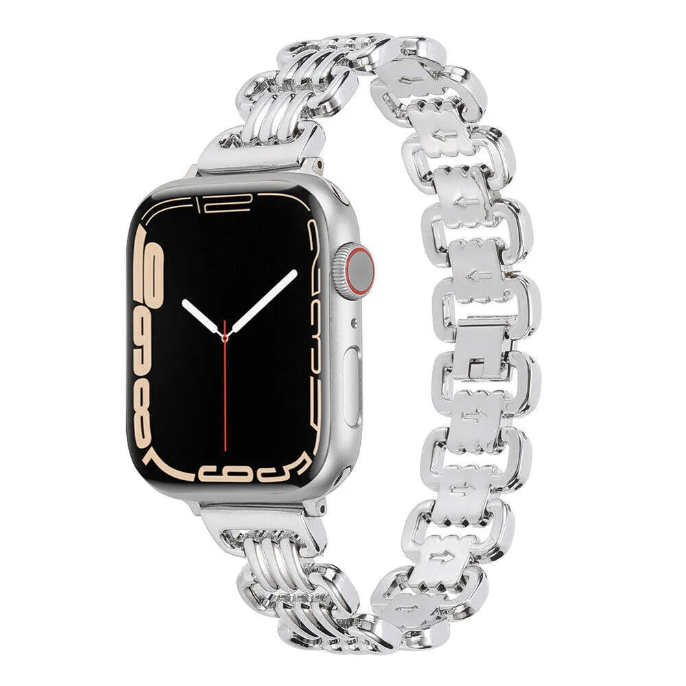 Alloy metal Apple Watch bracelet in silver, black, gold, rose gold and Starlight colours for 38mm to 49mm cases.