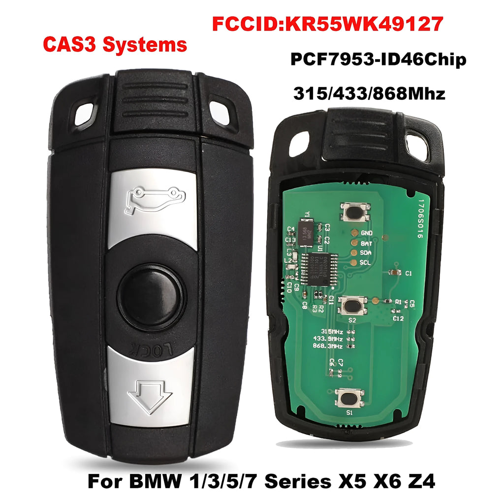 BMW semi-intelligent three-button remote car key fob in metal and plastic.