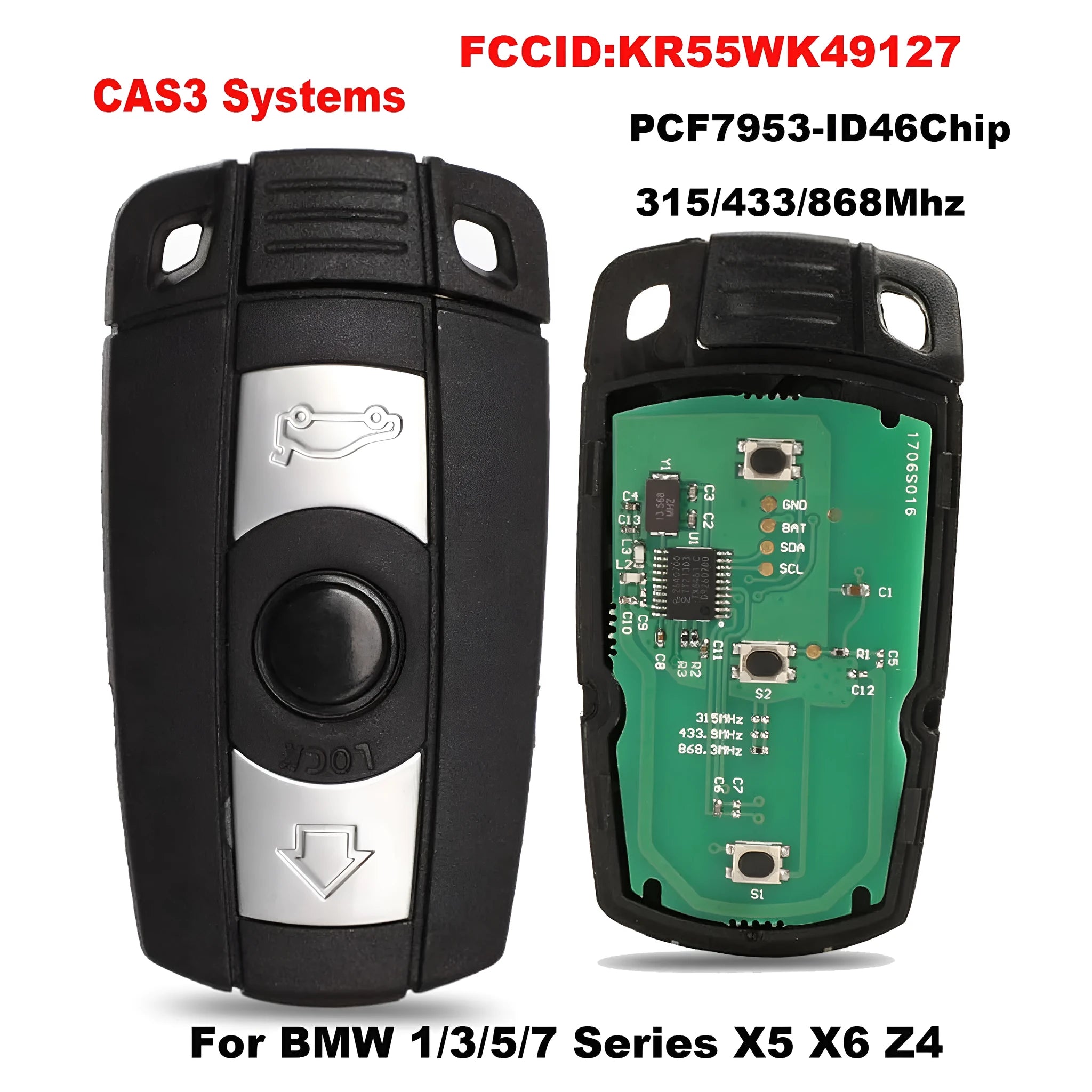 BMW semi-intelligent three-button remote car key fob in metal and plastic.