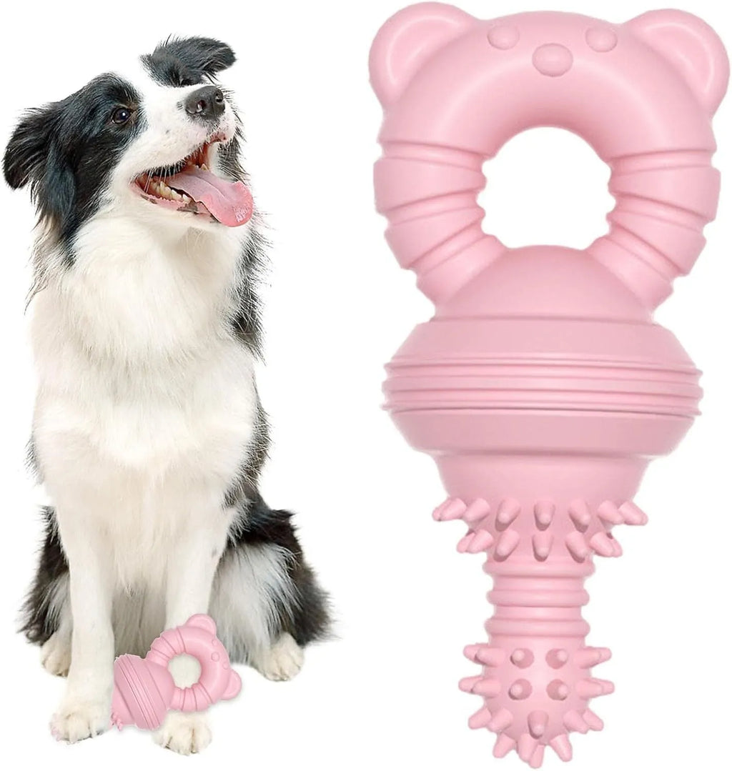 Blue molar-shaped rubber dog chew toy with textured concave-convex surface for teeth cleaning