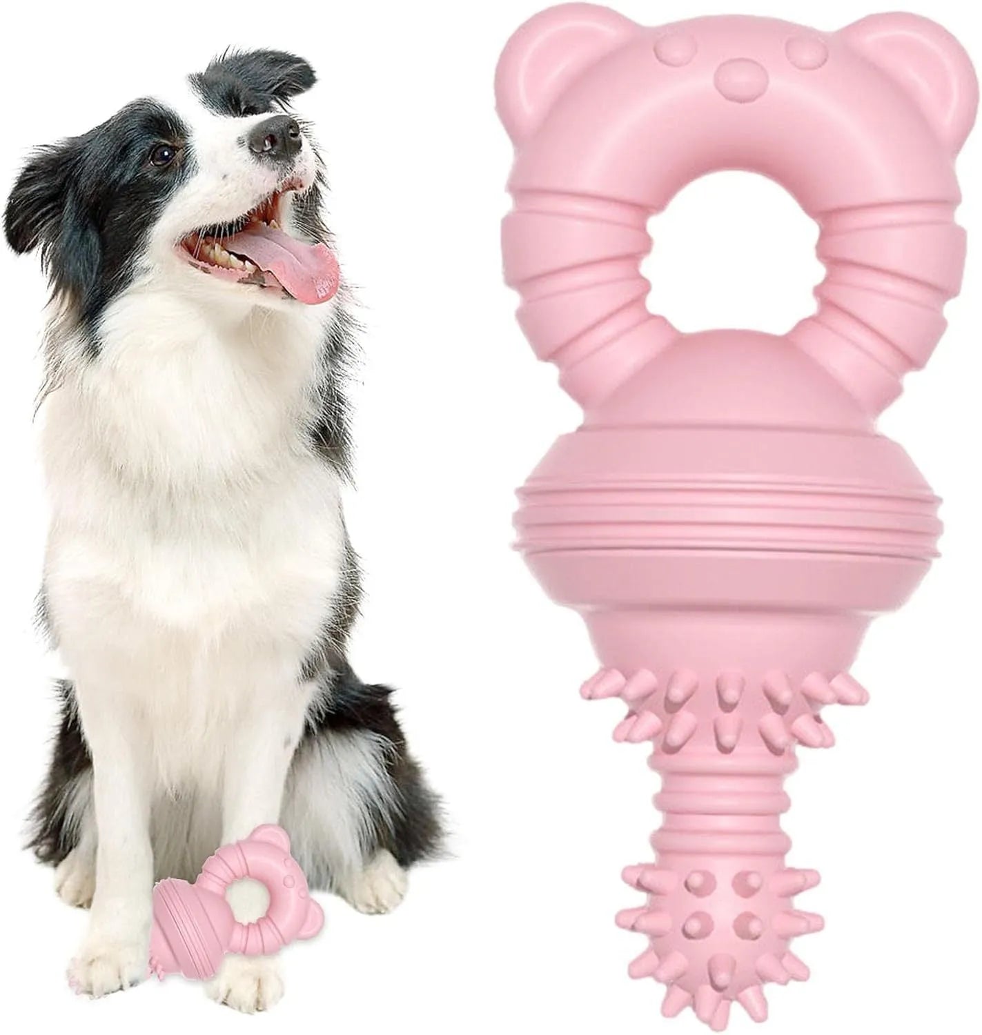 Blue molar-shaped rubber dog chew toy with textured concave-convex surface for teeth cleaning
