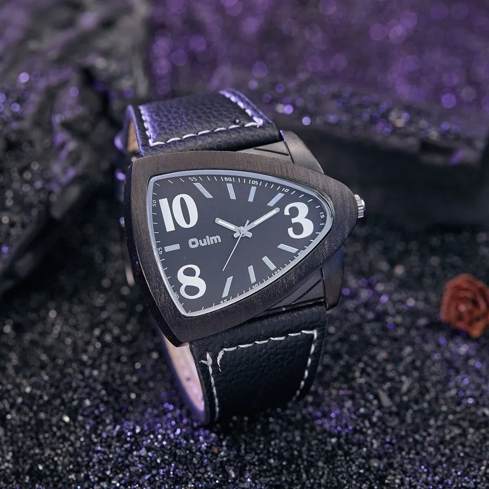 Men's casual watch with a distinctive triangular belt strap, shown in brown, black, and blue colour options.
