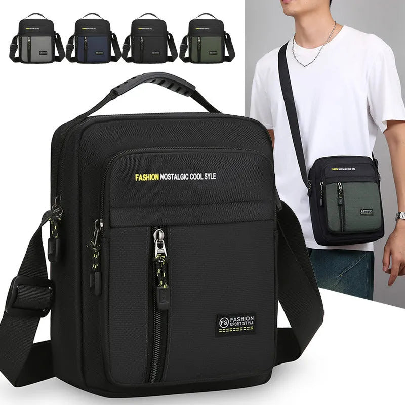 Men's casual one shoulder messenger bag in nylon fabric with sewing thread detailing