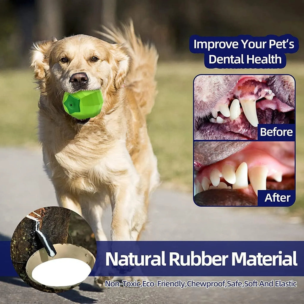 Green natural rubber squeaky dog toy for aggressive chewers, shown with dimensions.