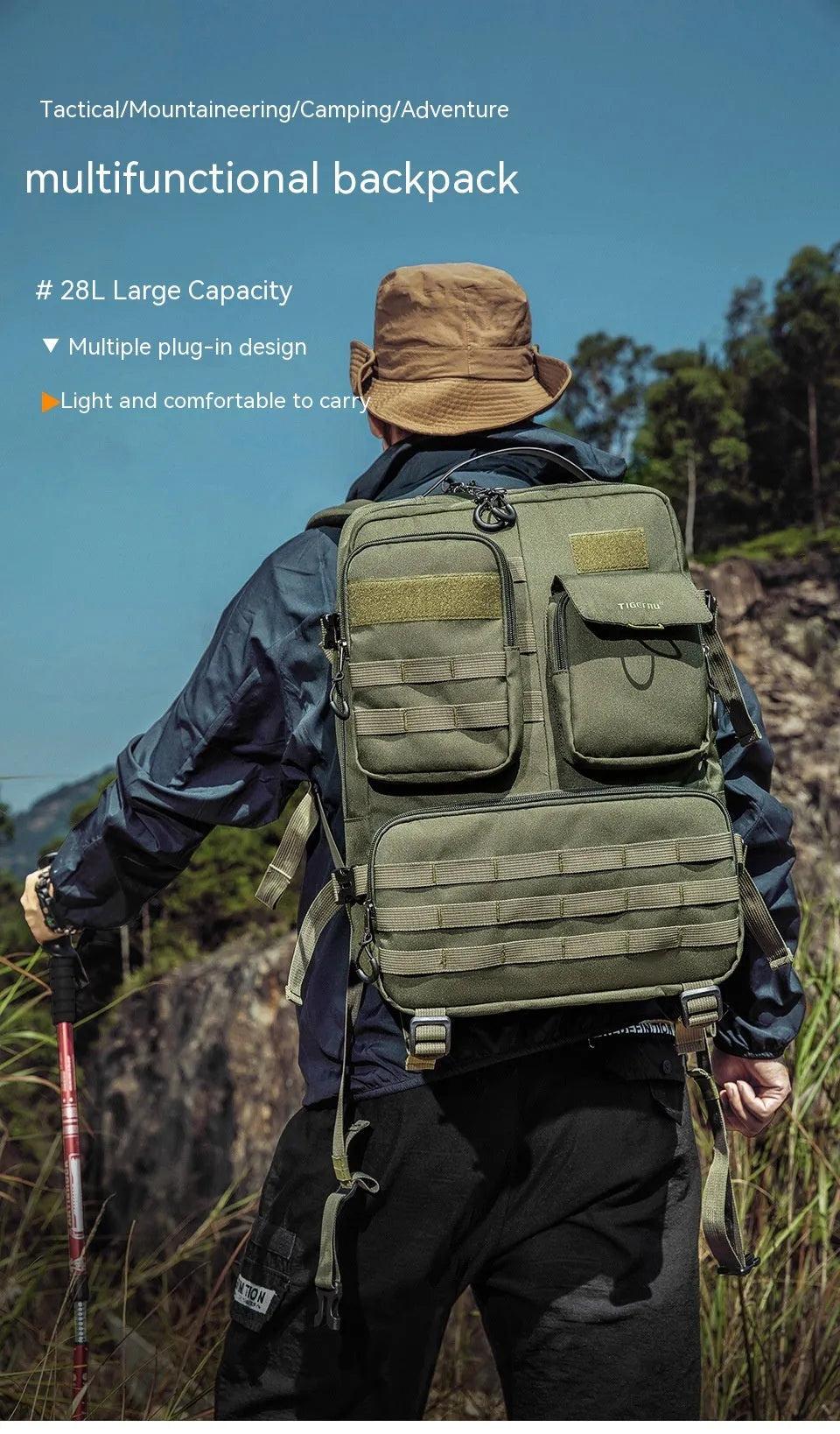 Army green tactical backpack with 17-inch size and breathable back panel