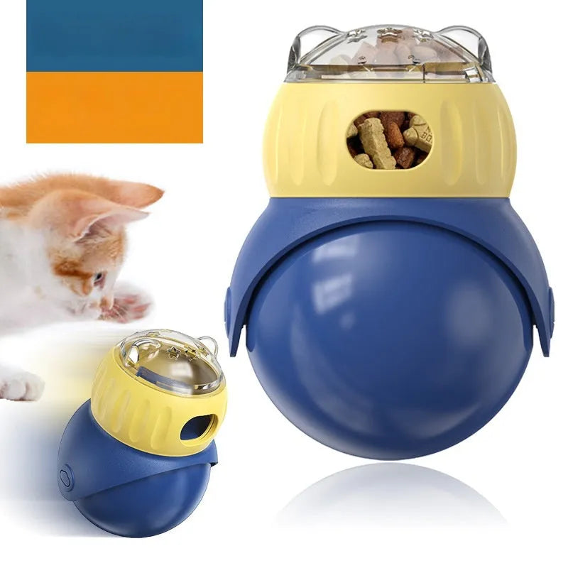 Yellow and blue owl-shaped tumbler puzzle feeder for cats with sliding ball treat mechanism
