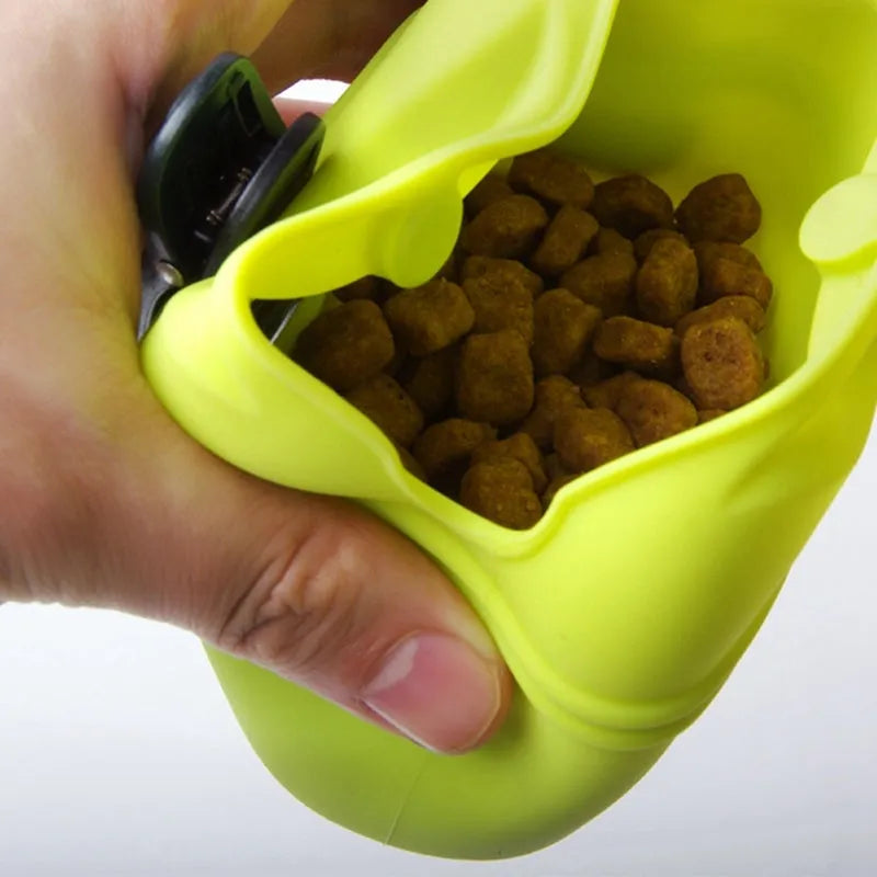 Silicone dog training treat pouch with belt clip and magnetic closure, shown in assorted colours.