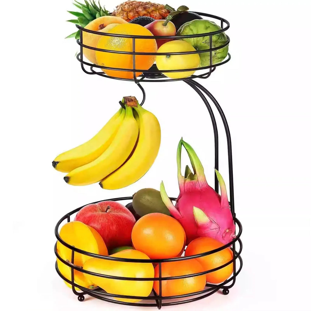 Black wrought iron double-layer fruit basket with open weave design for restaurant snack storage