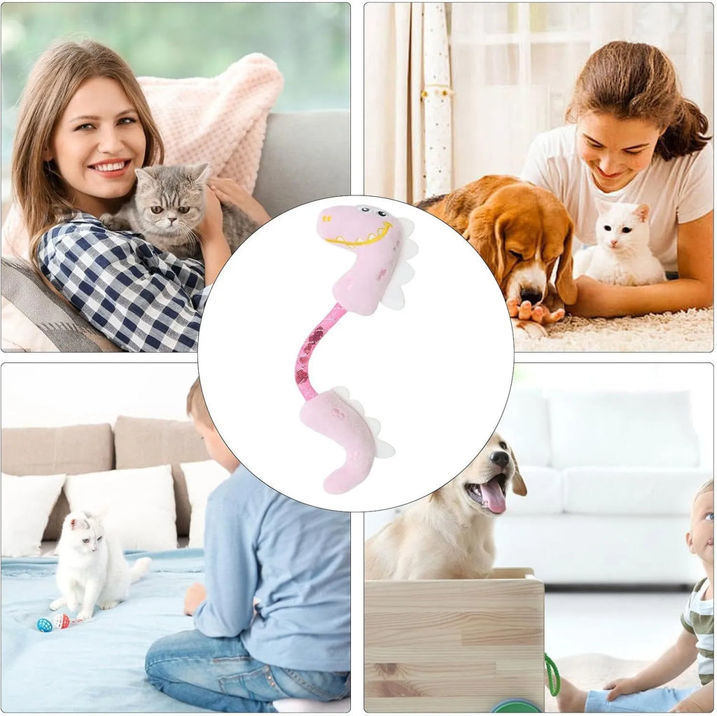 Set of four cat toys including rope toy, kicker toys, plush chew toys and cat springs in pink, purple and yellow