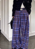 purple plaid high-waisted wide-leg casual pants retro Hong Kong style women