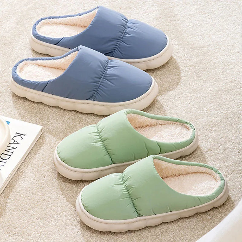 Blue winter house slippers with artificial leather upper, plush lining, and thick rubber anti-slip sole.