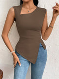 Women's diagonal collar slim fit short sleeve polyester top in beige with stitching detail