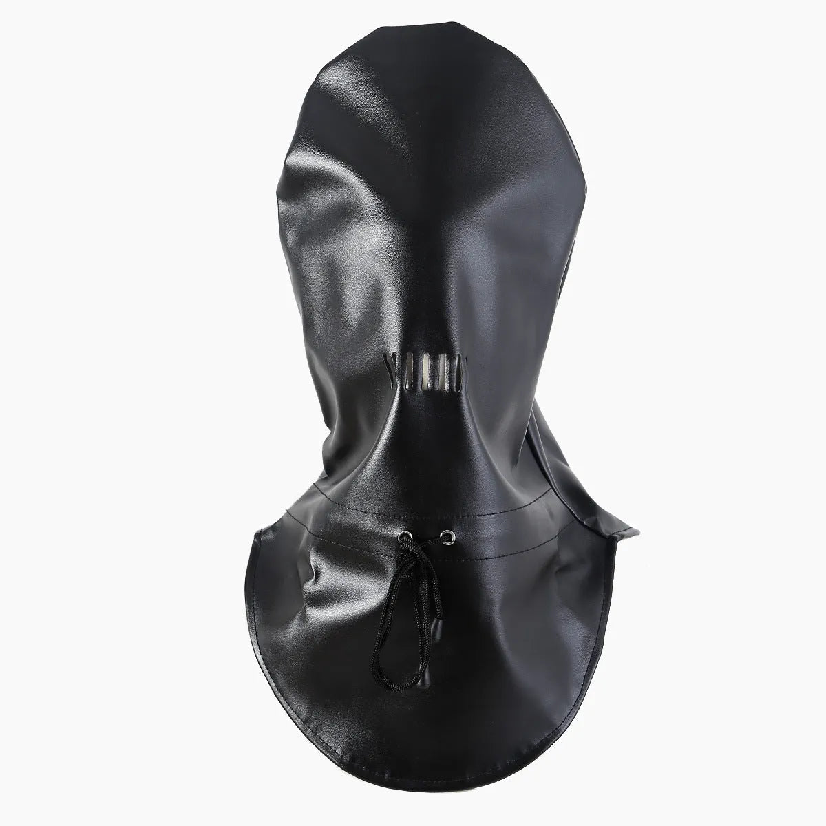Black leather adult training mask headgear prop on a plain background