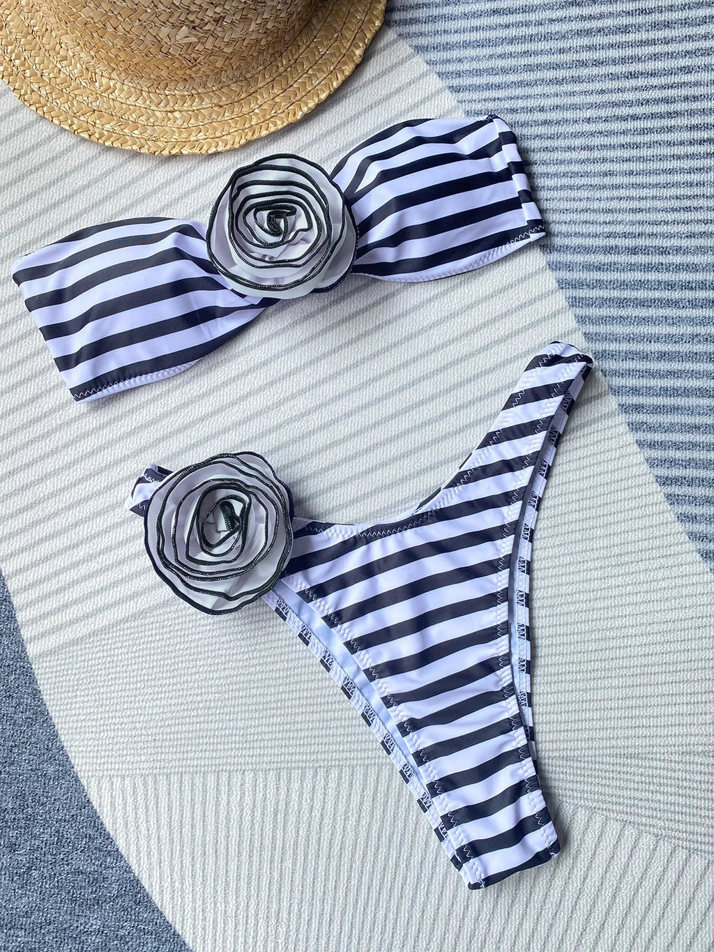 Women's bikini swimsuit with cross-border tube top, three-dimensional flowers, and split design in striped pattern