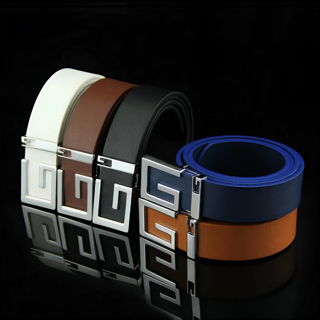Fashion simple smooth buckle belt in black, alloy buckle and imitation leather strap, 110cm length