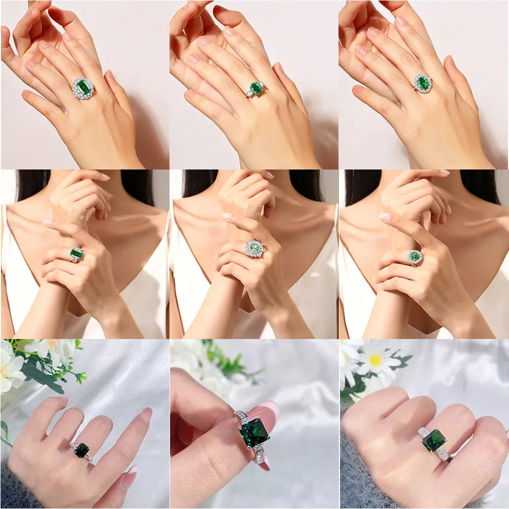 S925 sterling silver ring with geometric emerald cut and high-carbon diamond inlay on a model's finger.