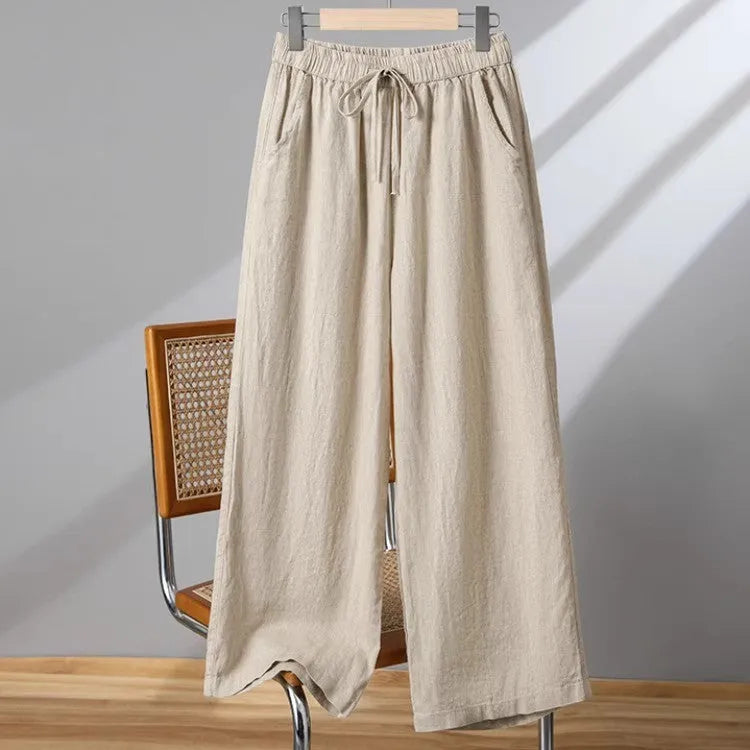 Women's straight-leg casual trousers with elastic waist and lace-up drawstring in four colour options