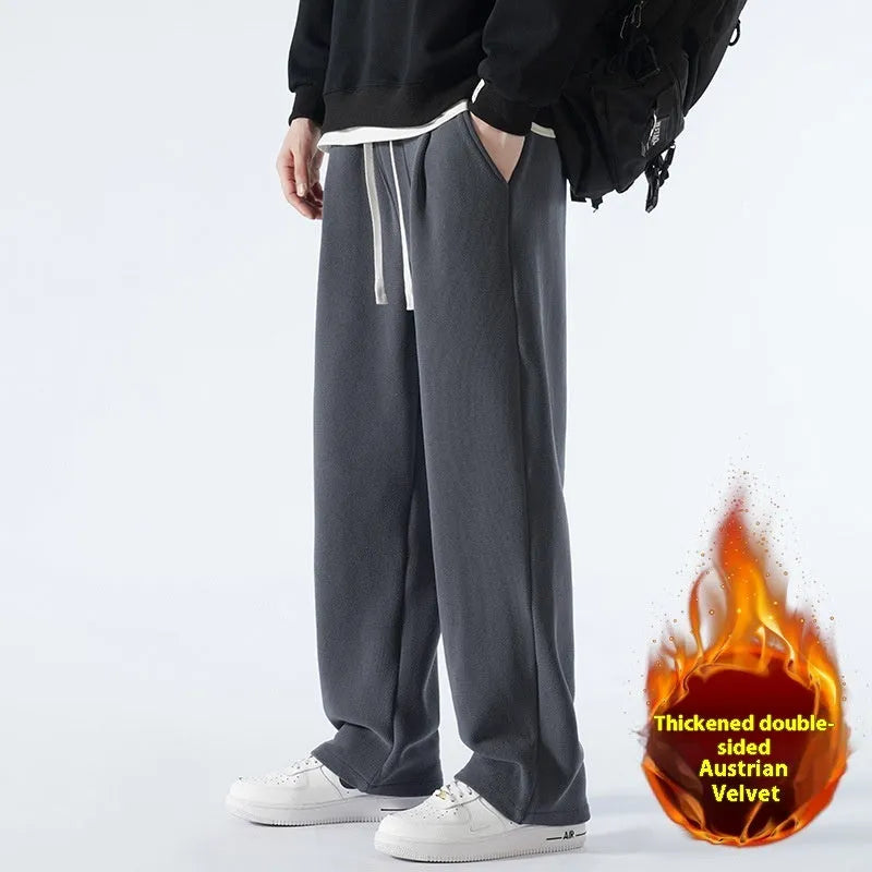 Men's apricot fleece-lined loose sports casual pants with drawstring waist