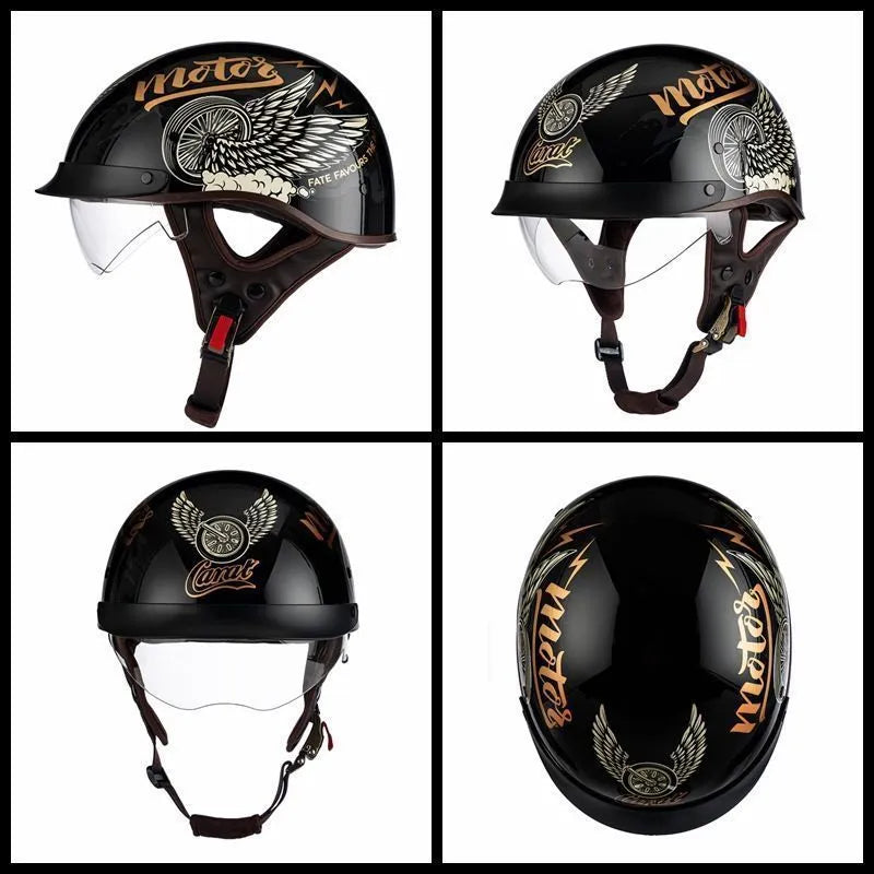 Retro electric motorcycle helmet in matte black with Whirlwind Dog graphic, shown on a rider.