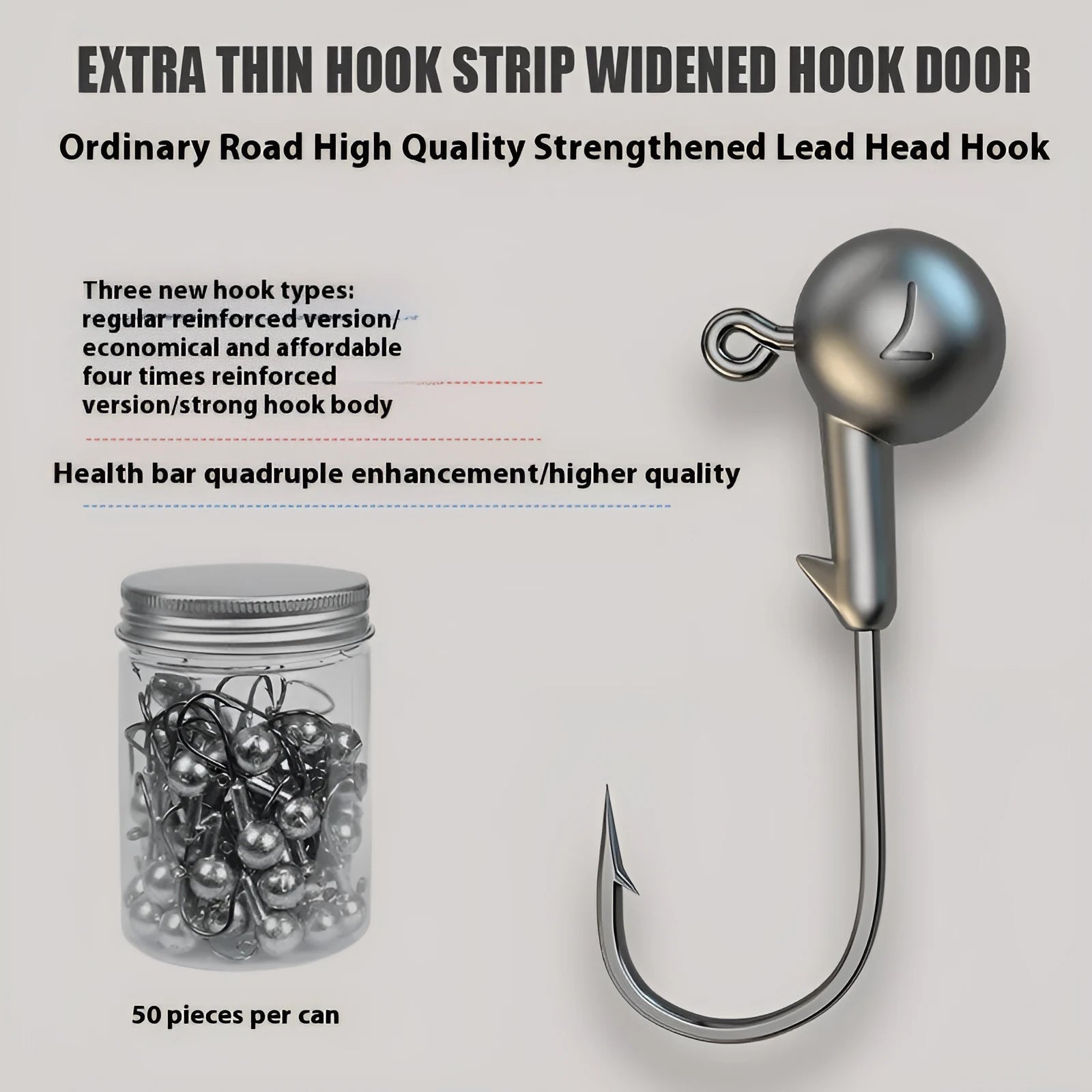 Pack of 50 primary colour, lead-headed steel jig hooks for fishing.