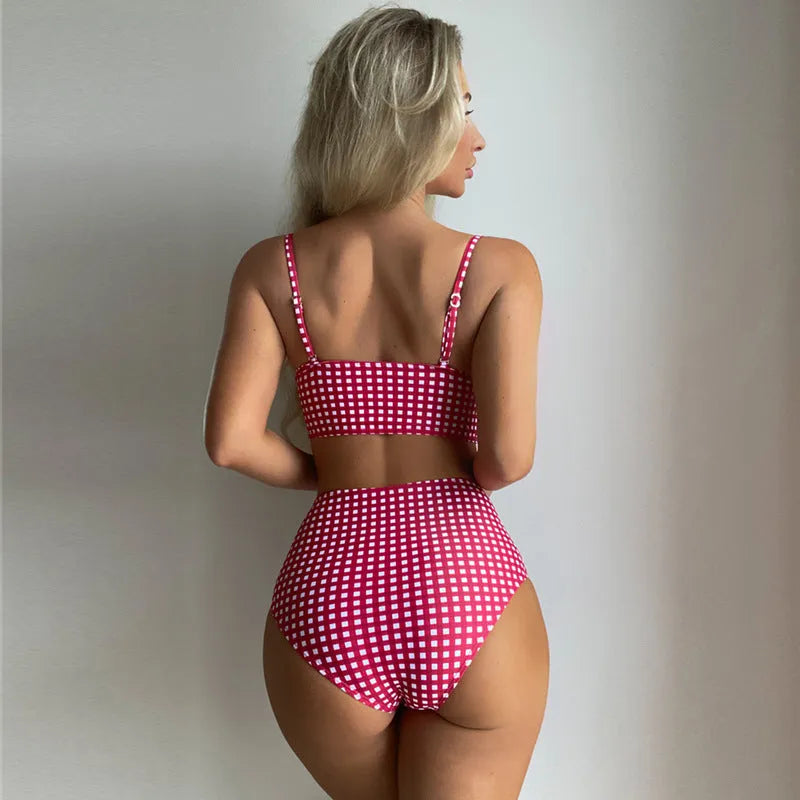 Women's plaid high waist bikini set with split detail in rose red, black, blue, and sky blue sizes S to 4XL