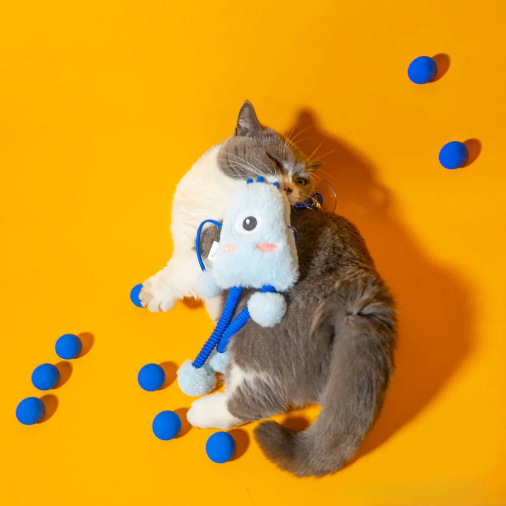 Blue plush ring cat toy with mint bell on an elastic rope