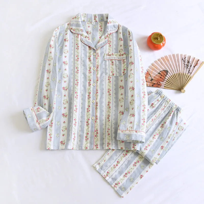 Japanese sweet ladies' cotton gauze homewear set with long sleeves and trousers in striped or fruit print