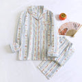 Japanese sweet ladies' cotton gauze homewear set with long sleeves and trousers in striped or fruit print